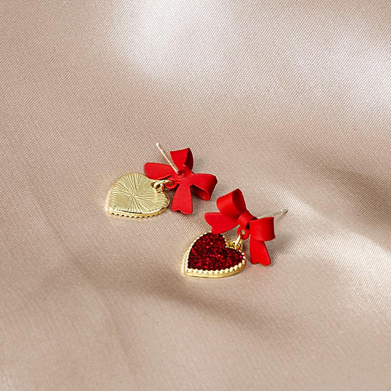 Red Love Drop Oil Diamond Earrings Long Fringed Bow Peach Heart Girl Sweet Temperament Ear Jewelry