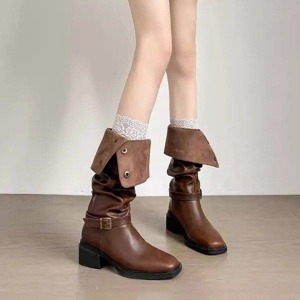 

Модные Ретро Универсальные Женские Туфли 2025 Осень Новинка Толстый Каблук Женские Длинные Сапоги Простые Противоскользящие Женские Сапоги Zapatos De Mujer 40 коричневый