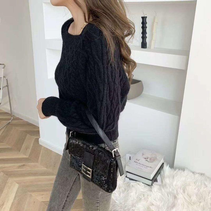 New Square Collar Retro Hemp Pattern Loose Knitwear