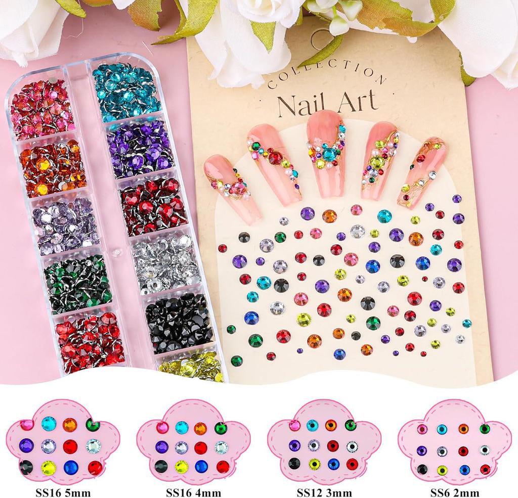 12-Grid Nail Art Set: Glass Rhinestones, Mini Steel Beads, Flat-Bottom Half Pearls for Decoration.