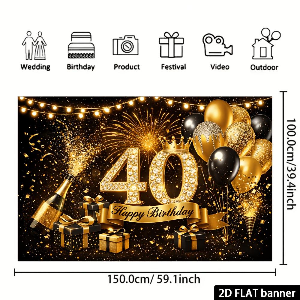 Bannière de fond pour fête d'anniversaire 40 ans - Thème scintillant noir et doré, célébration d'anniversaire en intérieur ou en extérieur