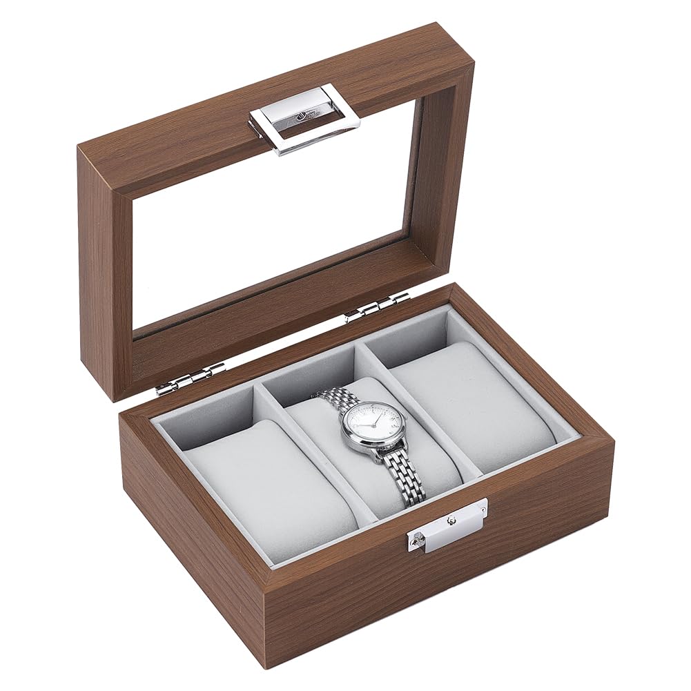 

UNICRAFTALE 3-Slot Walnut Watch Box with Visible Glass Window Lid, 12x16.5x7.3cm, Brown Wood Watch Storage Case Display Box Holder, Zinc Alloy Lock,