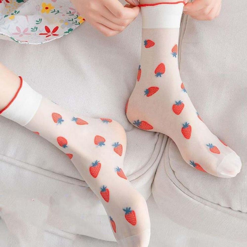 Cherry Transparent Flower Ruffle Socks Avocado Fruit Mesh Tulle Mid Tube Socks  Streetwear