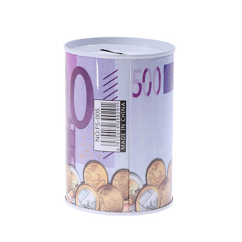 Tinplate Cylinder Piggy Bank Euro Dollar Picture Box Household Saving Money Box