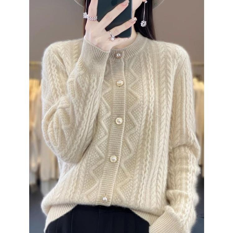 Women's Thickened Knitted Cardigan Round Neck Autumn Winter Warm Twists Sweater Long Sleeve Outerwear