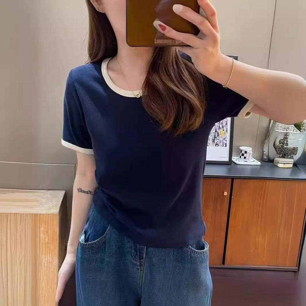 New contrasting color front shoulder U-neck short-sleeved T-shirt women's fashion versatile and thin top summer