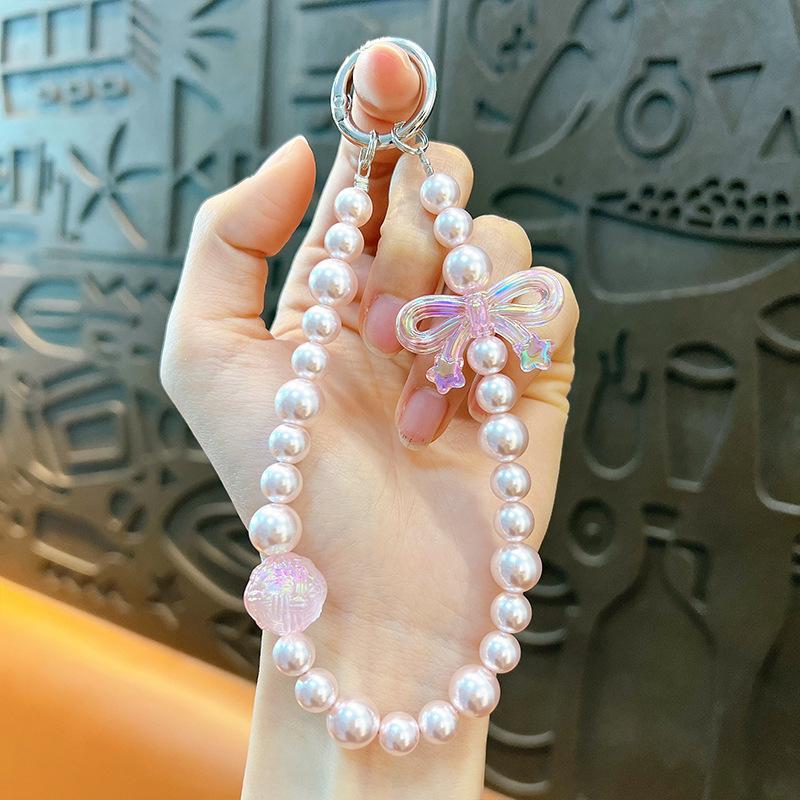 Flash Beaded Mobile Phone Chain Crystal Bow Key Bag Lanyard Pearl Mobile Phone Lanyard Small Gift
