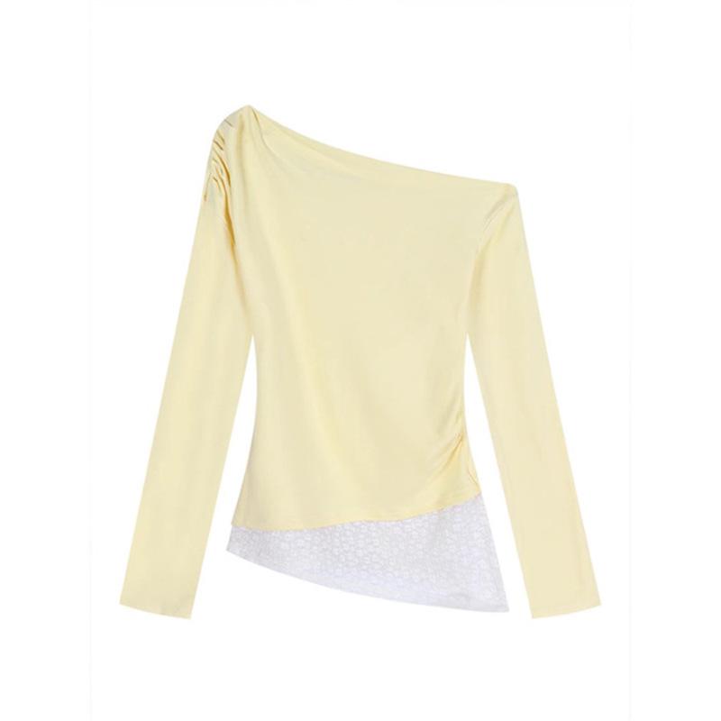 

LOVEHEYNEW Асимметричная футболка на одно плечо с кружевной отделкой - Приталенный стиль для начала осени XL жёлтый