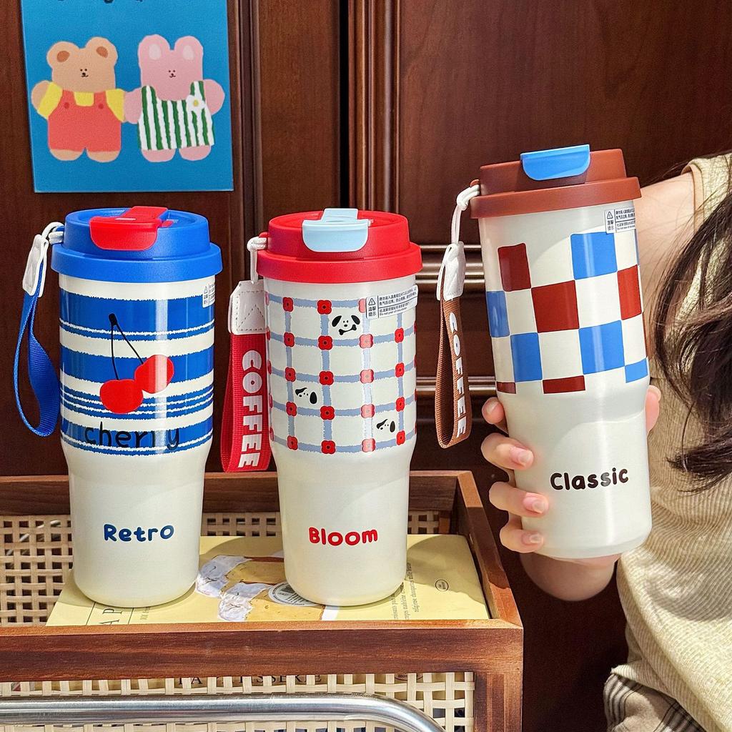 One cover double drink stainless steel thermos cup female high value large capacity portable ice cup cartoon cute water cup
