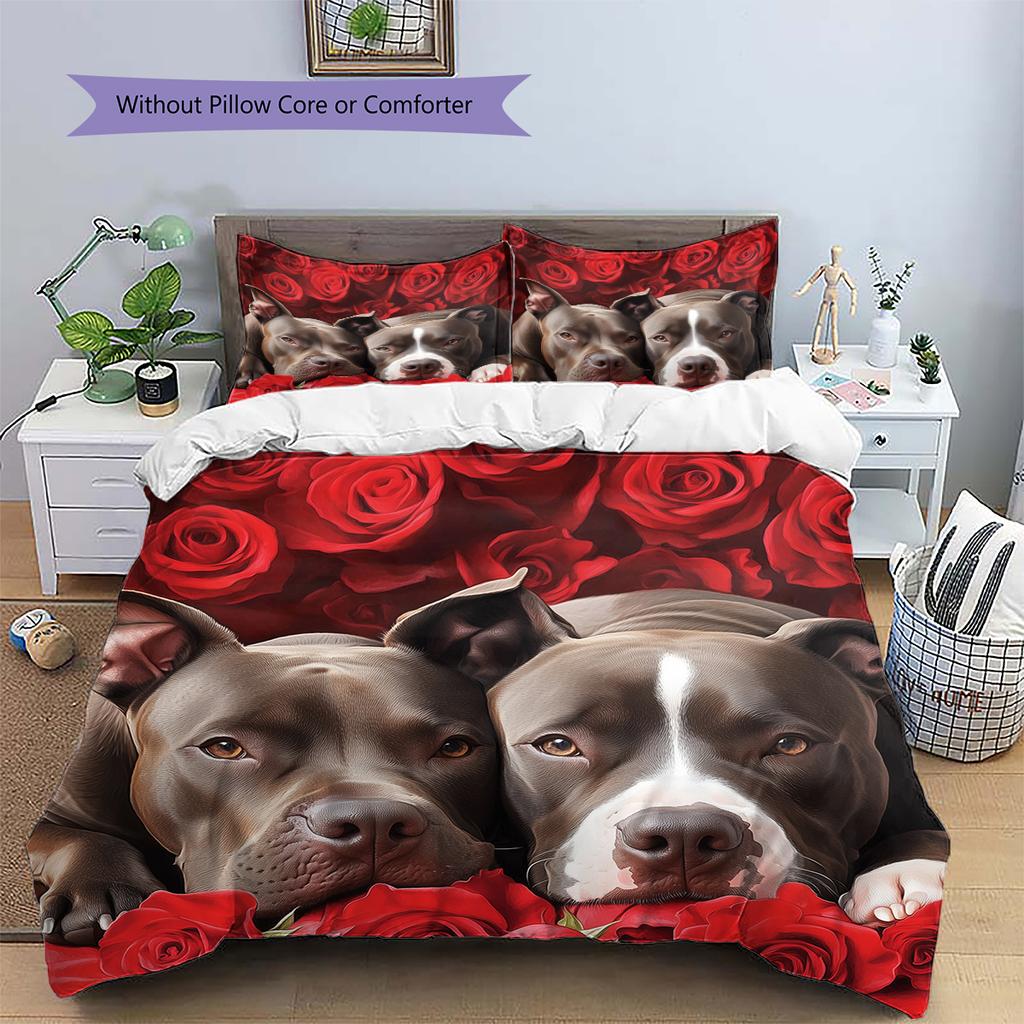 Pitbull and roses Pattern Bedding Home Decoration Birthday Gift (1 * duvet cover + 2 * pillowcase, without core)
