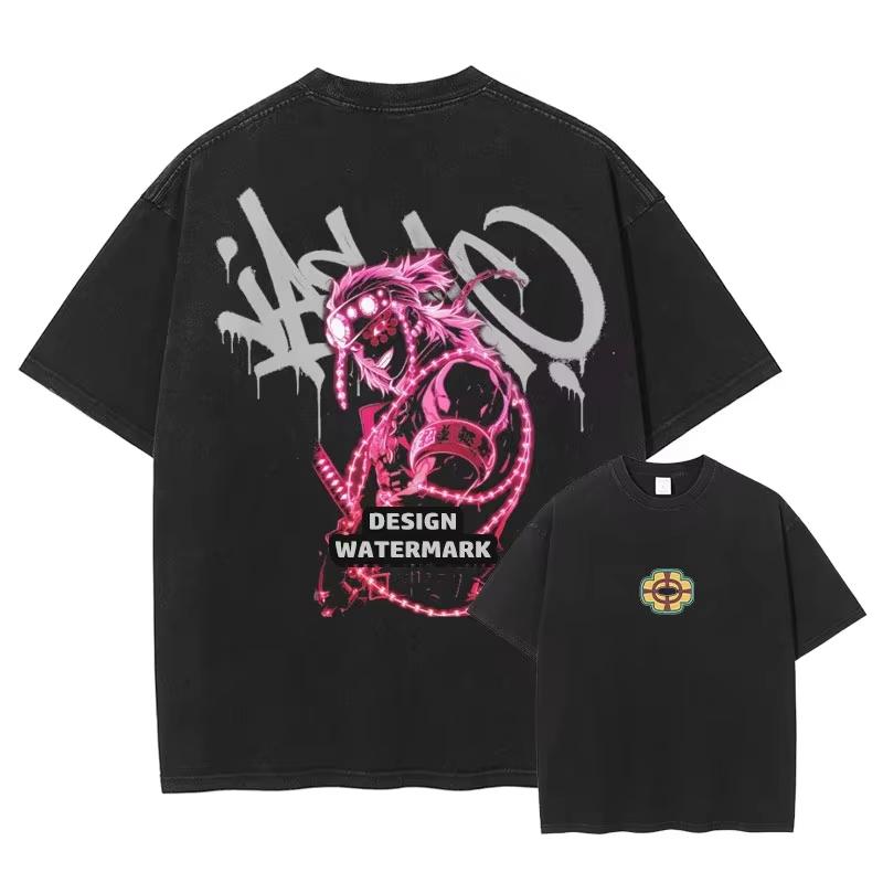 Japanese Anime Demon Slayer Washed Print T-Shirt, Unisex Tee for Male Anime Fans Women And Men T-shirt L