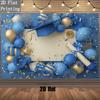 2D Graduation Backdrop Blue Gold Cap Diploma Balloon Confetti Blank Custom Photo Banner