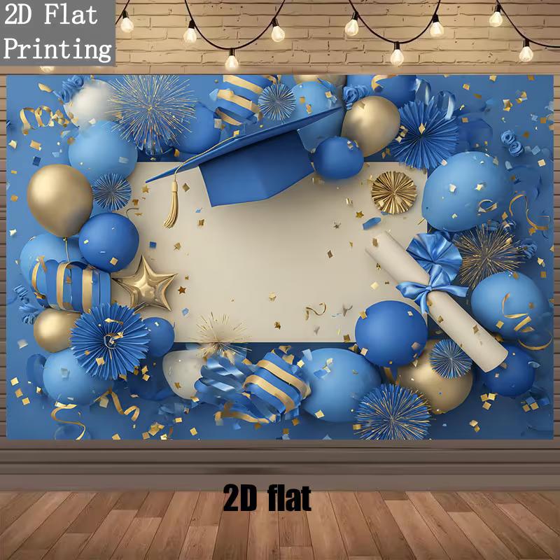 2D Graduation Backdrop Blue Gold Cap Diploma Balloon Confetti Blank Custom Photo Banner