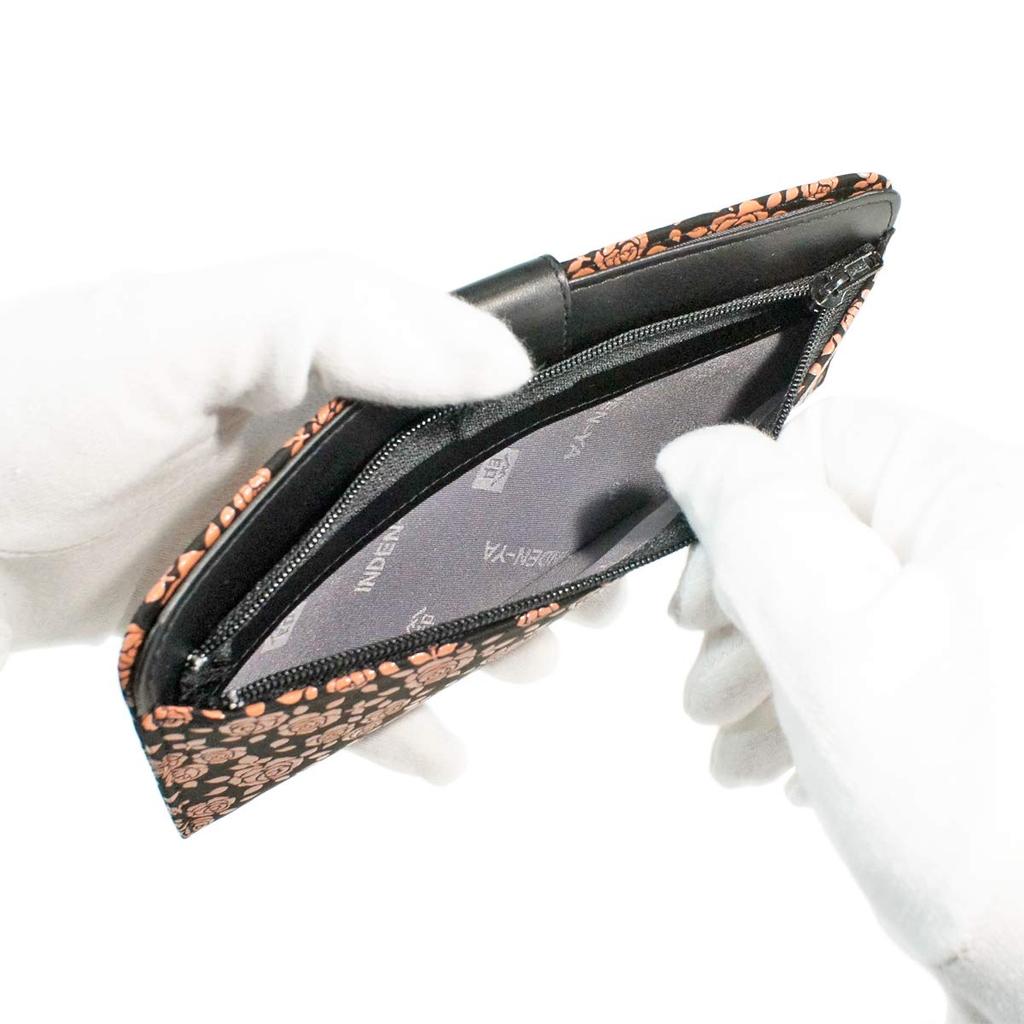 Indenya Inden Long Wallet, Large, Thin Deerskin, Black with Pink Lacquer, Small Rose Pattern, 2107-51-176