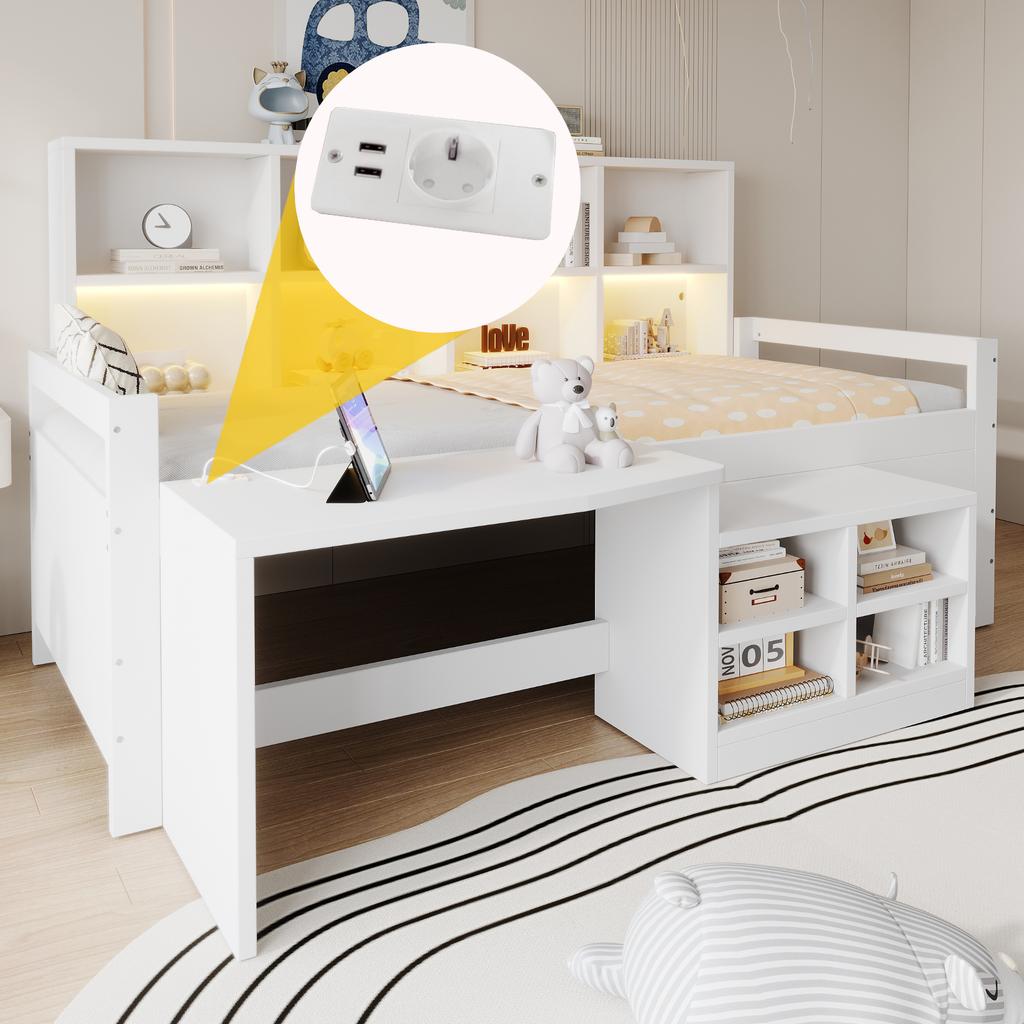Children's Bed 90×200 Cm, Desk With Storage And Sockets, LED Light Strip And Multi-level Shelves, Single Bed Made Of Solid Wood, Youth Bed, White