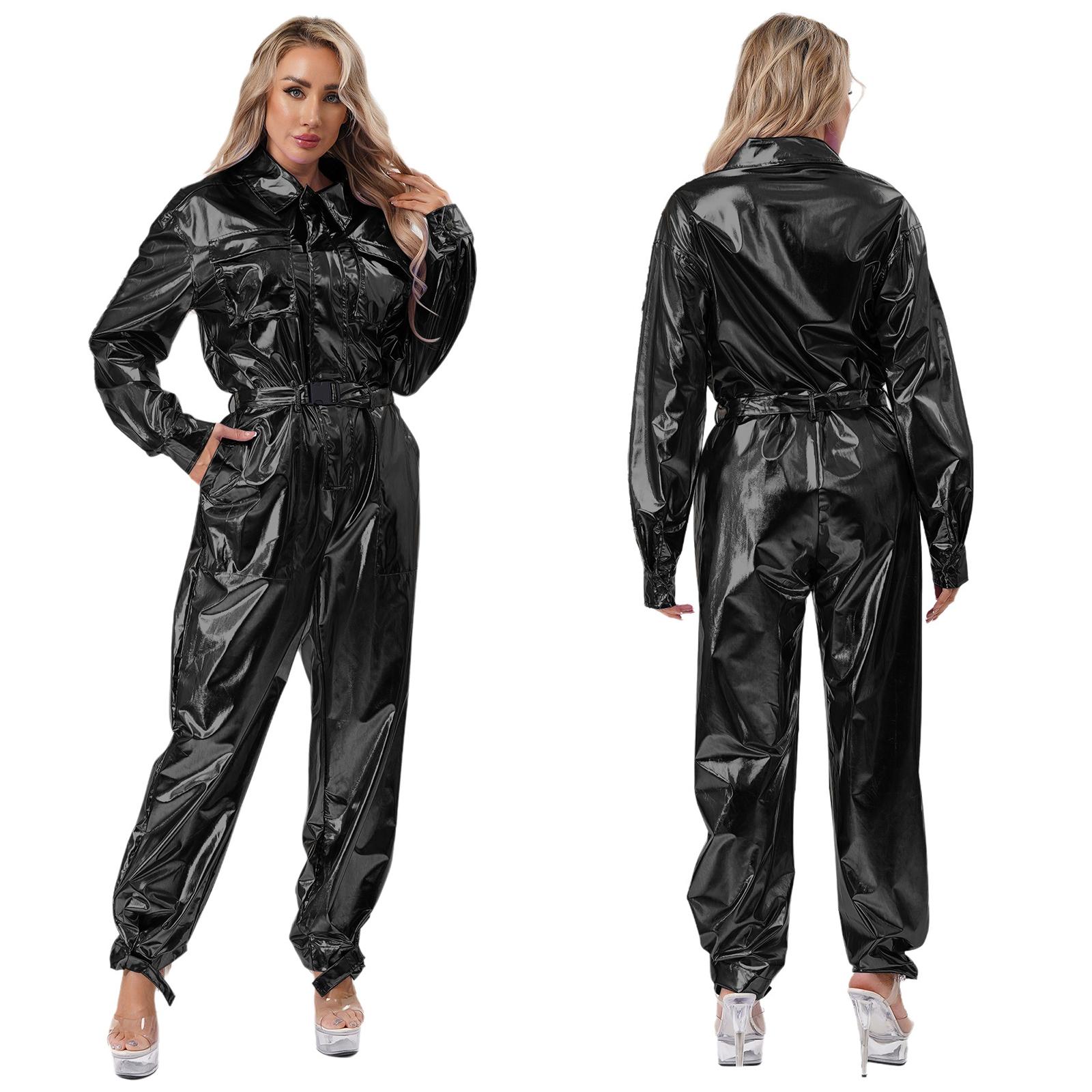 

S-3XL High Waist Metallic Jumpsuit for Women: Complete Turn-down Collar Overalls with Belt, Perfect for Club & Halloween XXL