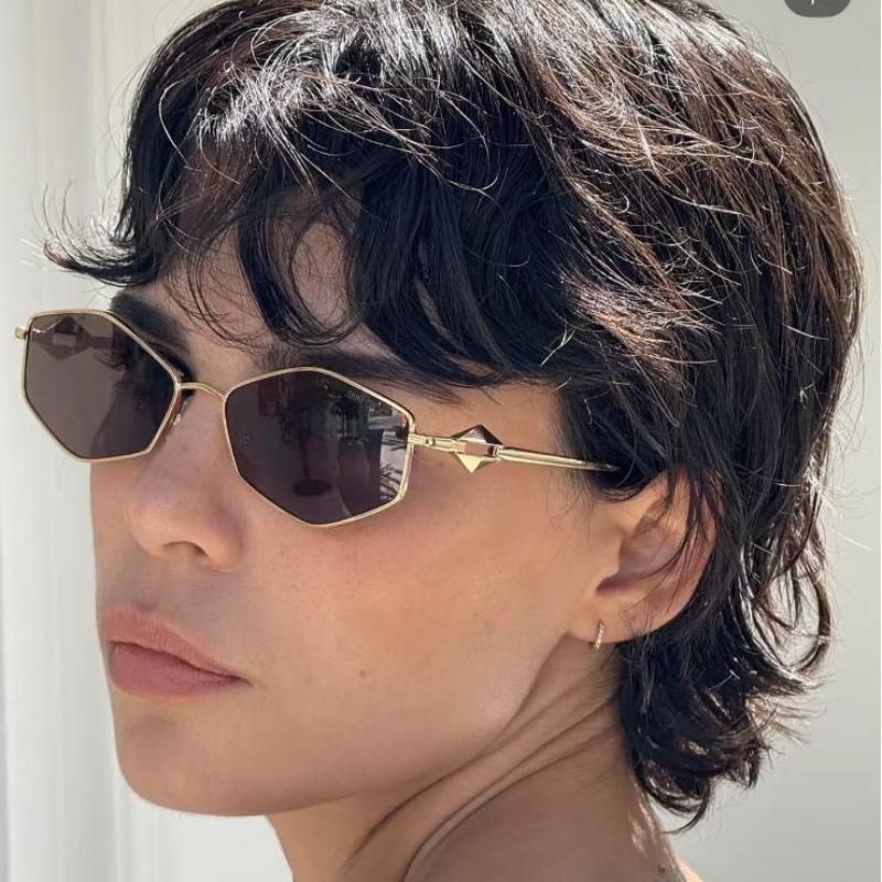 Women'S Rhombus-Shaped Metal Personality Small Frame Sunglasses Fashionable Dressing Travel Beach Uv400 Resistant Shades Glasses