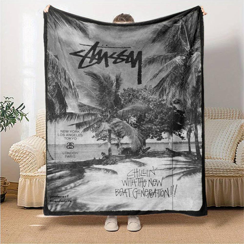 Blue Sky Palm Tree Signature Logo Flannel Blanket, Tropical Summer Beach Style Soft Throw Blanket