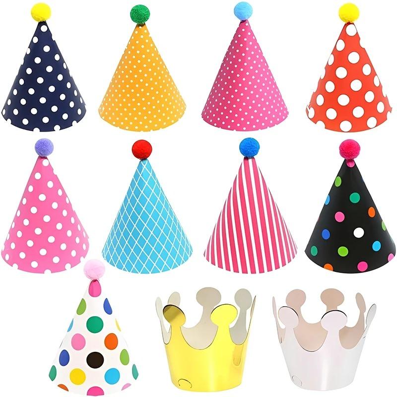 11PCS Hats Paper Cone Birthday Party Hats Polka Dot DIY Handmade Kids Birthday Party Photo Props With Ball Crown Design