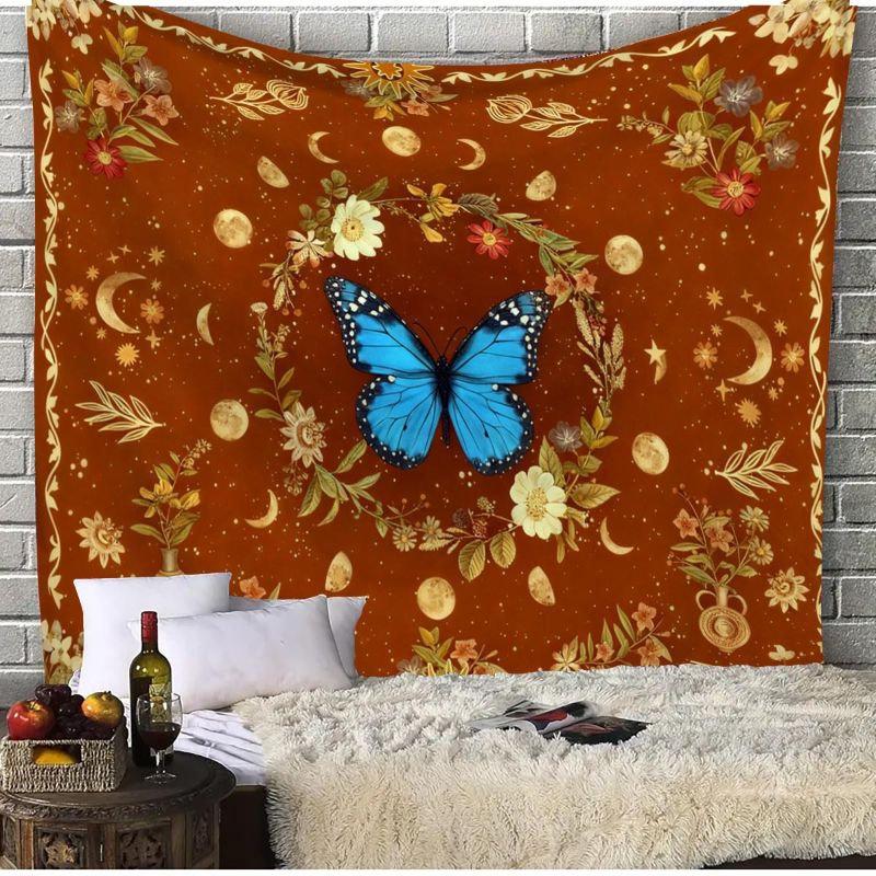 Purple Butterfly Moon Phases Tapestry Wall Hanging Floral Mushroom Witchy Celestial Aesthetic Wall Art Bedroom Dorm Decor