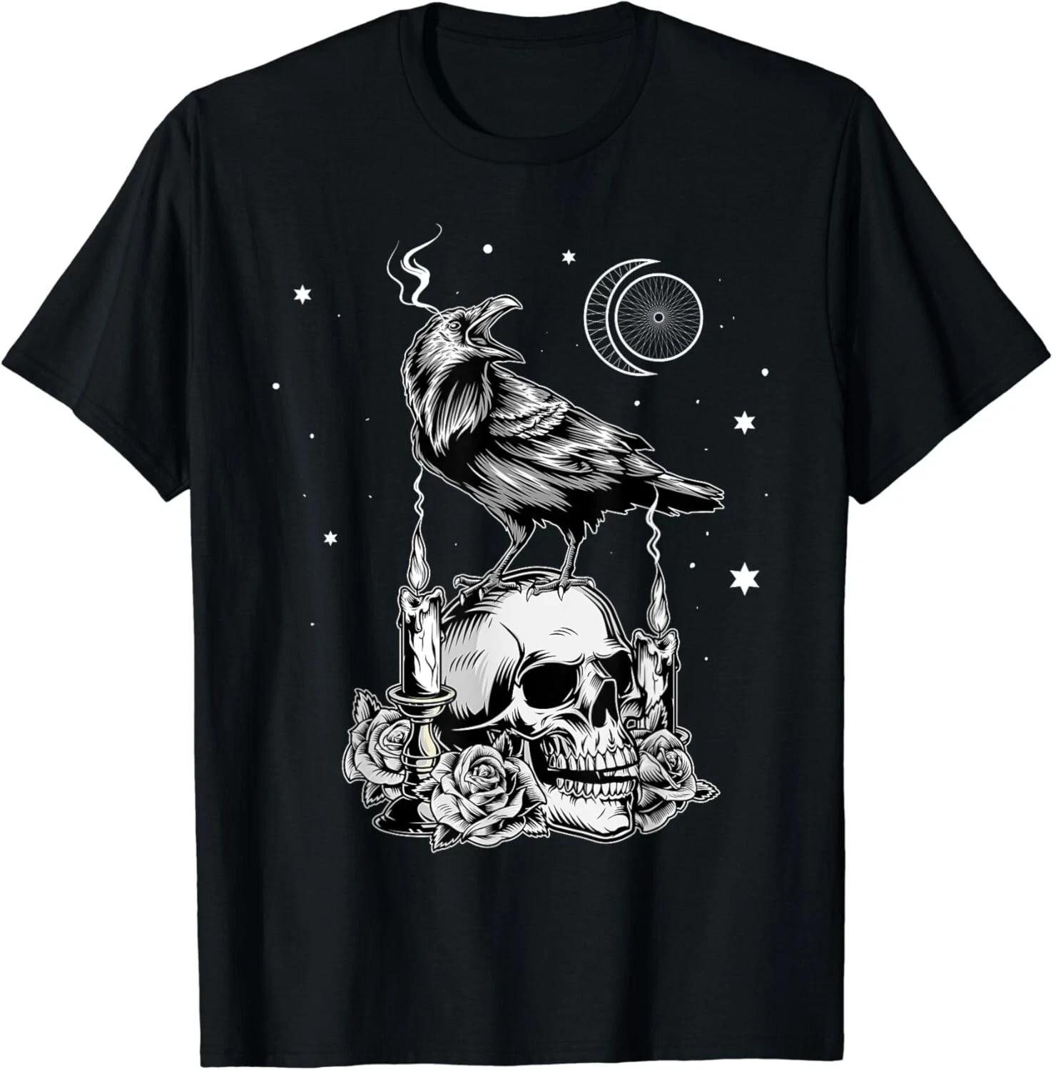 Raven Skull Viking T-Shirt Norse Crow Occult Gothic Pagan Nordic Gift Unisex S