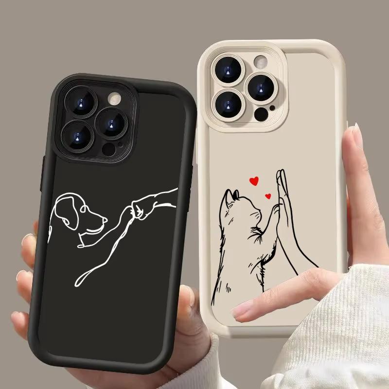 Coque de téléphone assortie pour couple Chat Chien Cœur Art Ligne Minimaliste pour Séries iPhone 17 16 15 14 13 12 11 Pro Max Plus