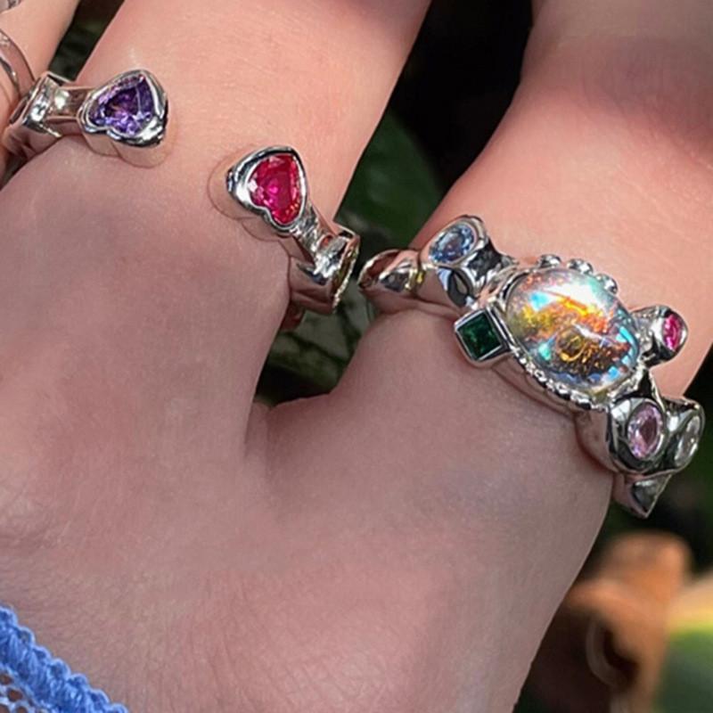 Heart Geometric Trendy Ring For Women Colorful Adjustable Copper Fashionable Accessory