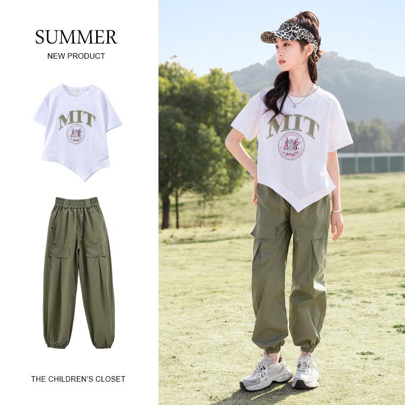 Summer Big Children's Casual Suit Knitted Short-sleeved Girls' Pants Suit