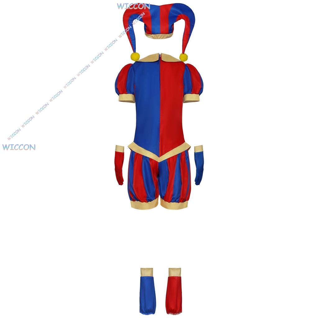 Pommni Vestiti Cappello CosRoom/Bambini Adulti Cartone Animato Circo Pagliaccio Cosplay Completo Costume Parrucca Halloween Tuta Rossa Outfit Carnevale Carino