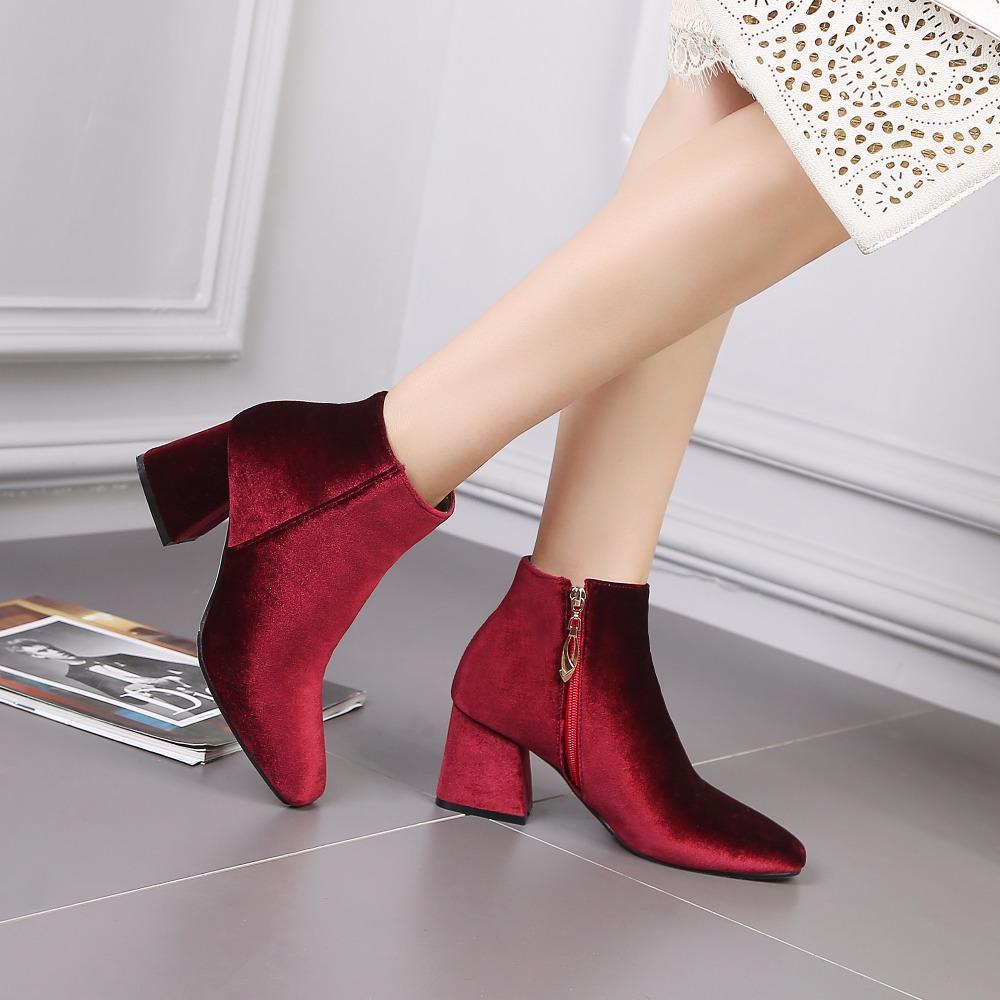 Brand Velvet Women's Ankle Boots Winter Fashion Short Boot Thick Medium Heels Short Party Shoes Large Size 48 Black Red Green