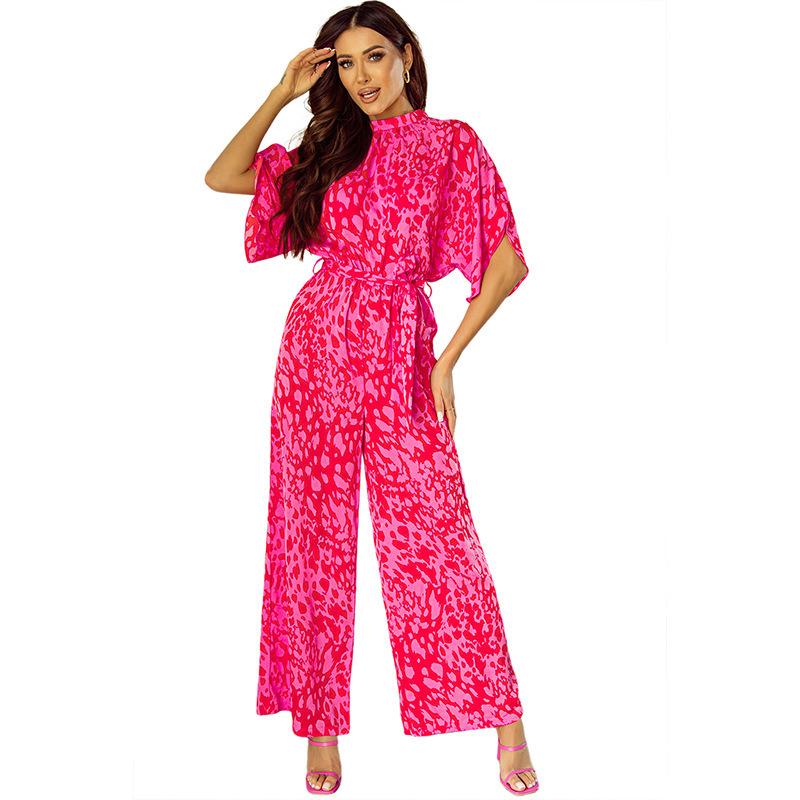 

Shi Ying Leopard Print Jumpsuit for Women - Casual Summer 2025 Edition with Five-Point Sleeves XL цветной печати леопарда