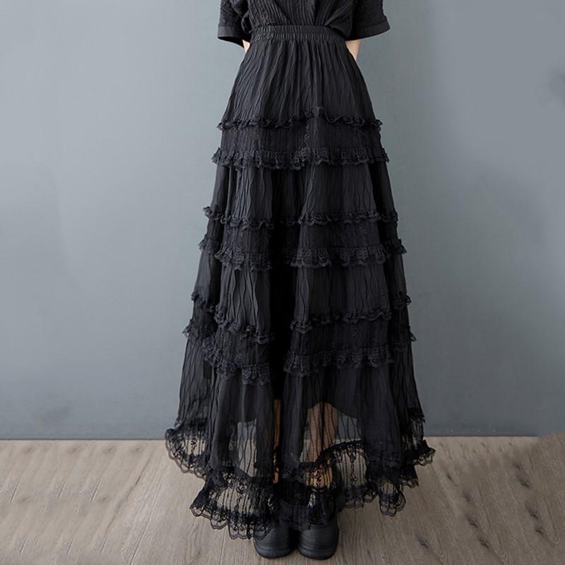 Black Plus Size Mesh Lace High Waist Vintage Summer Casual Loose Long for Woman Skirts Womens Skirt