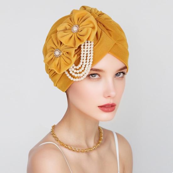 Women Headscarf Hat Imitation Pearls Flower Decor Turban Hat Solid Color Stretchable Fit Headband Sleep Hat