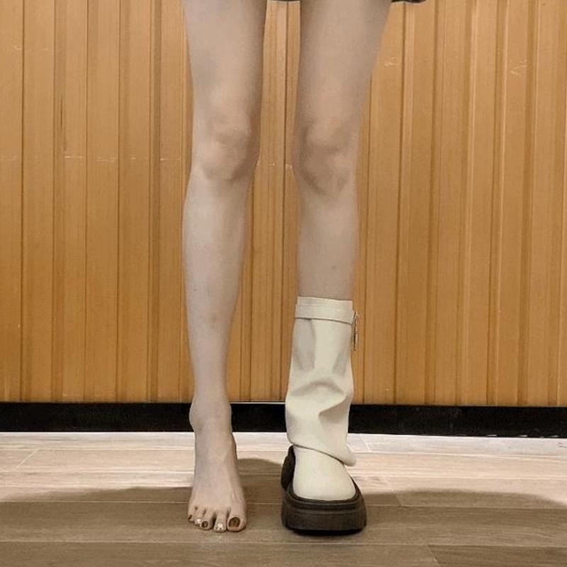 Fashion Platform Leather Round Toe Women's Half High Boots Spring Autumn Trend 2025 Designer Luxury Ladies Mid Calf Shoes On Promotion