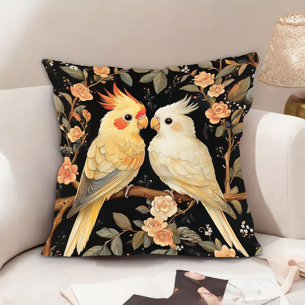 1Pc Cockatiel Bird & Floral Printed Throw Pillow Cover, Suitable For Sofa, Bedroom, Living Room,A Healing Gift For Bird Lovers.