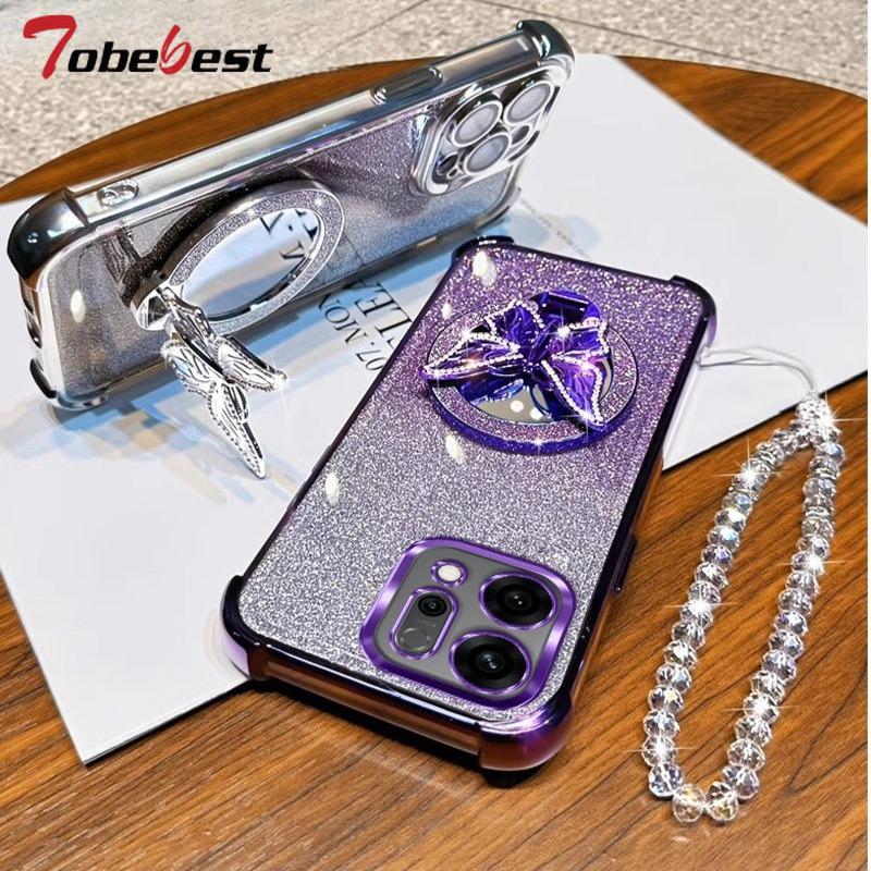 Glitter Butterfly Mirror Crystal Bracelet Case For OPPO Reno 14 13 12 11 10 Pro Plus Shockproof Plating Silicone Cover