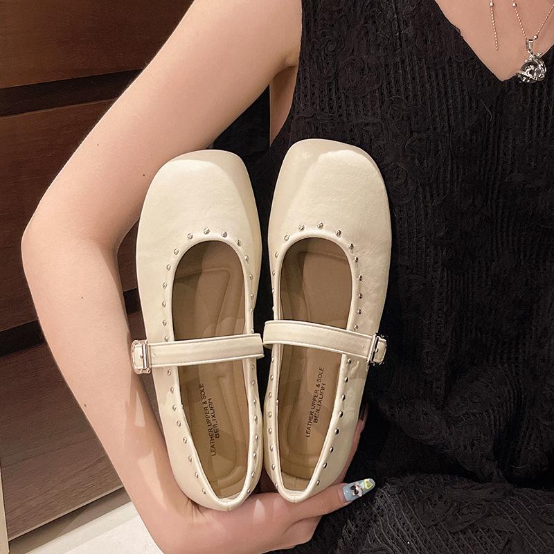 2025 new spring and autumn rivet fairy wind word with Mary Jane small leather shoes temperament versatile low heel