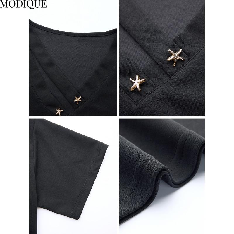 MODIQUE Spring Summer Plus Size New Women Loose Vintage Blouse Shirts Female Casual Oversize Short Sleeve V-Neck Top Elegant Lady Solid Black