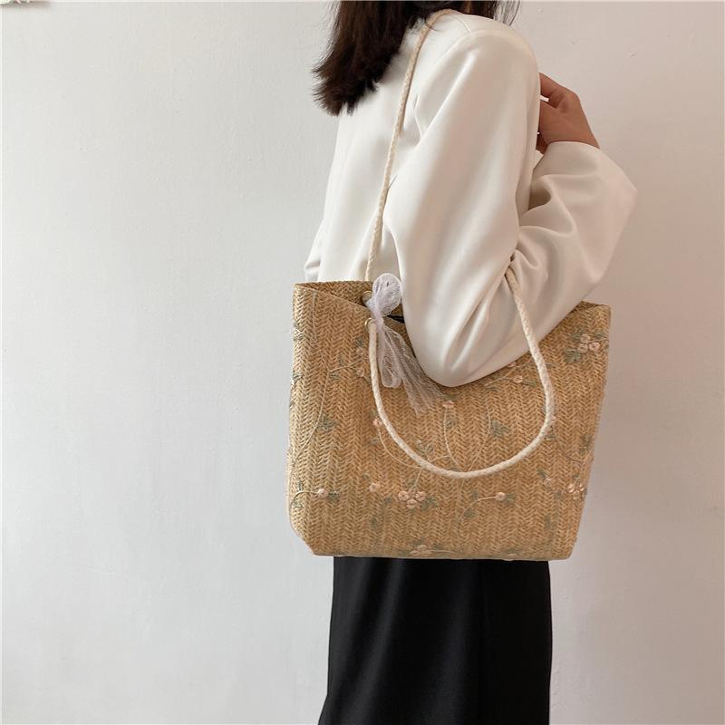 Summer Minimalist Straw Woven Shoulder Tote with Bow Detail - Trendy Chic Handwoven Handbag for Beach & Daily