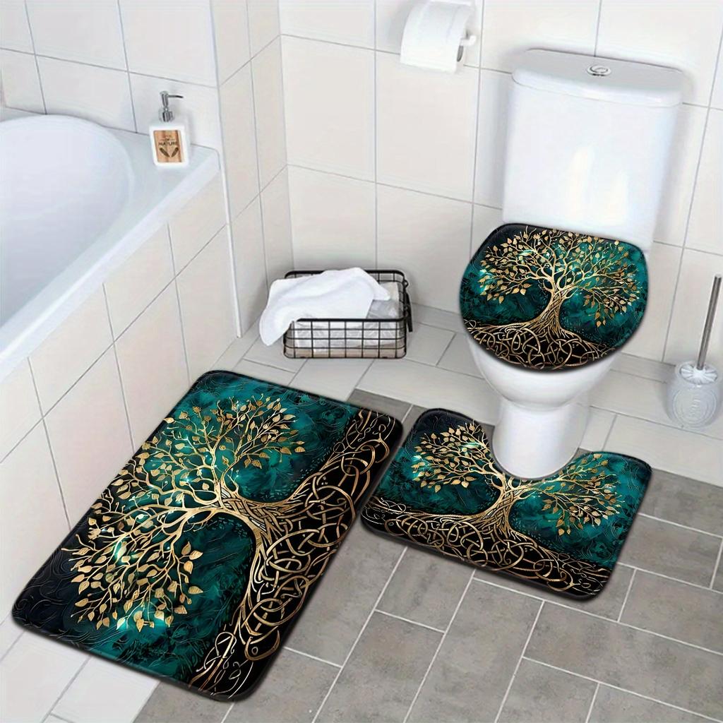 3er Set Pflanzen-Serie Nacht Großer Baum Muster Badezimmer-Matten-Set Toiletten-Sitzbezug U-förmige Fußmatte