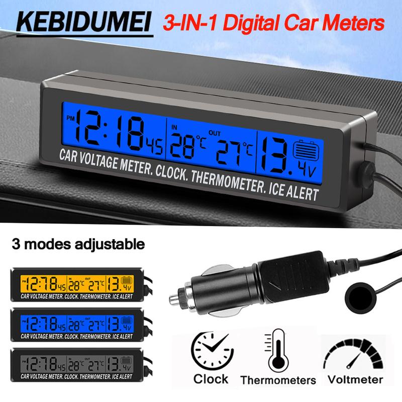12-24V Car 3 In 1 Digital Inner & Outer Thermometer Display Car Battery Voltmeter & LCD Clock with Temperature Sensor Backlight