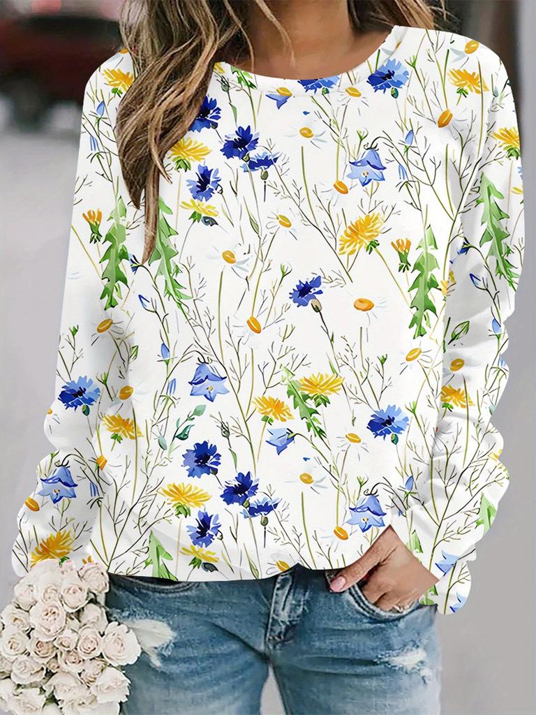 Camiseta feminina com estampa floral 3D pequena, elegante, de manga comprida, gola redonda, tops normais para férias, fim de semana, primavera e outono