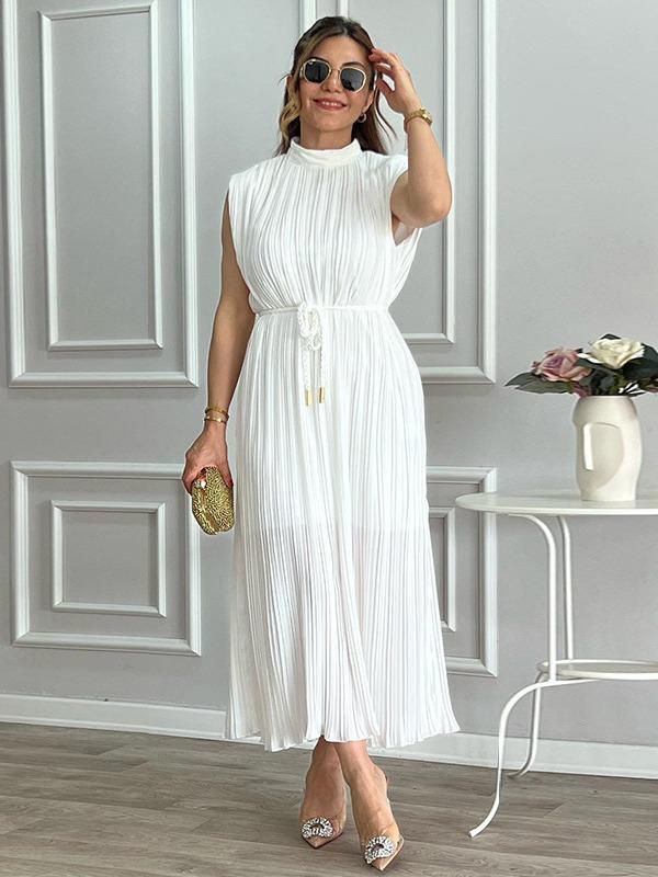 2024 Summer Women's Pleated Tie-Waist Mid-Length Dress
