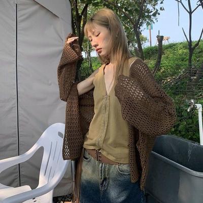 Harajuku Knitted Cardigan Women Vintage Hollow Out Oversized Sweater Korean Fashion Loose Casual Long Sleeve Thin Tops