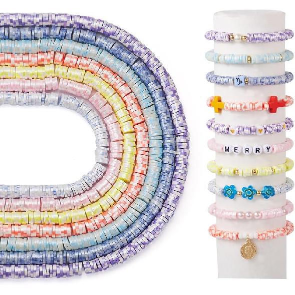 Pandahall 7 Strands 6mm Flat Polymer Clay Beads Speckled Vinyl Heishi Beads 7 Colors Pearlized Colorful Disc Clay Spacer Beads for Friendship