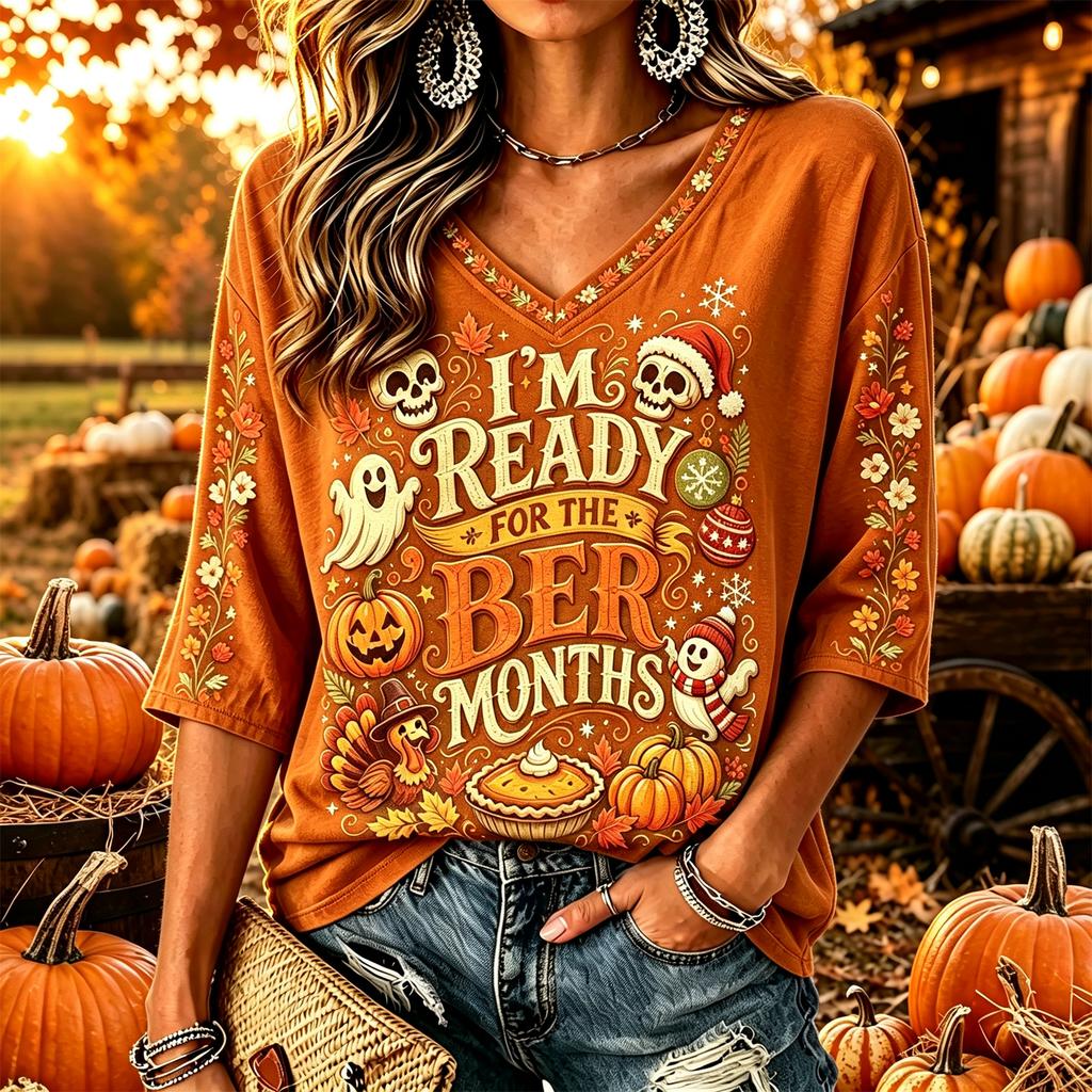Women's Casual Thanksgiving Print V-Neck Pullover Top
