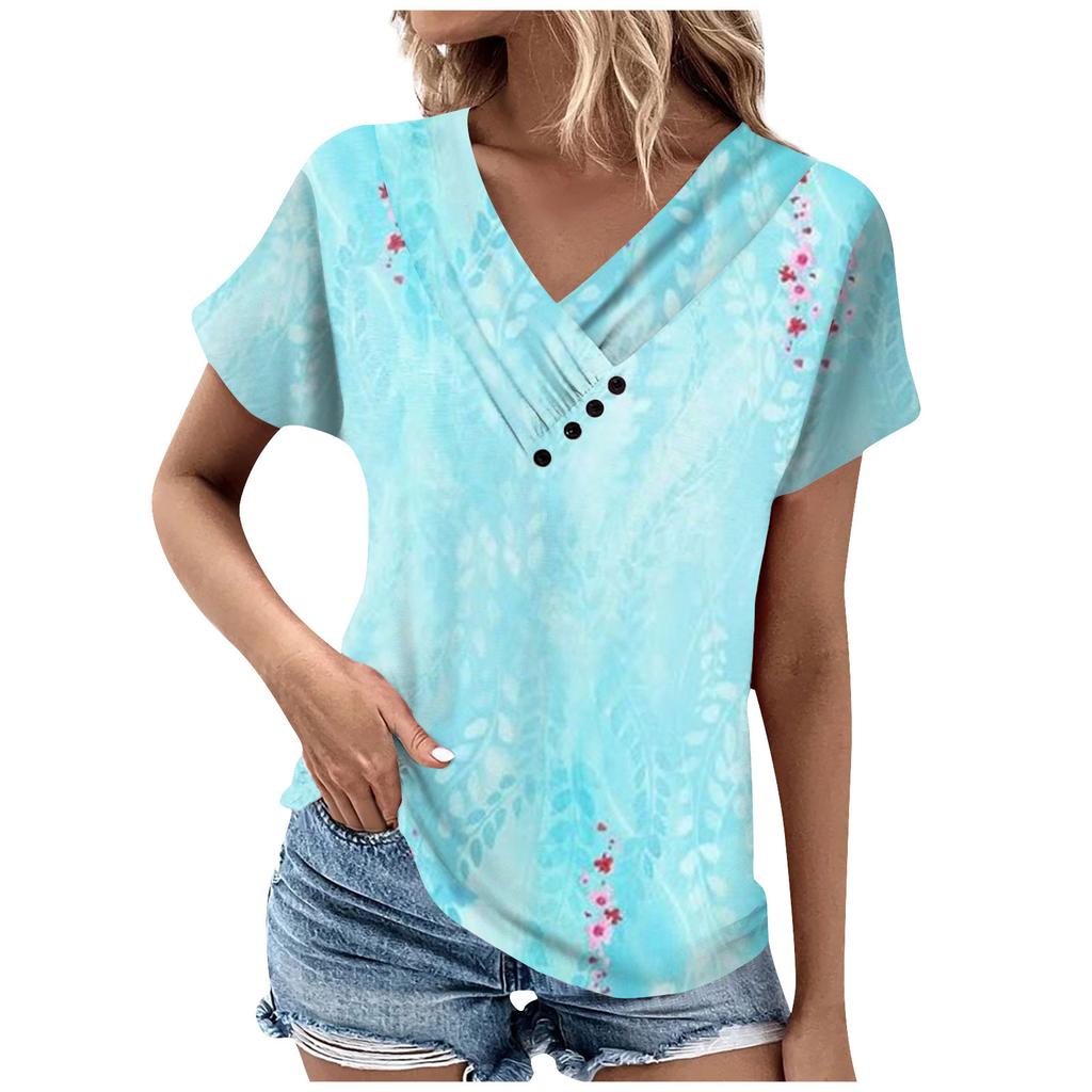 Women's Fashion Casual V-Neck Short Sleeve T-Shirt Pleated Printed Button-Up