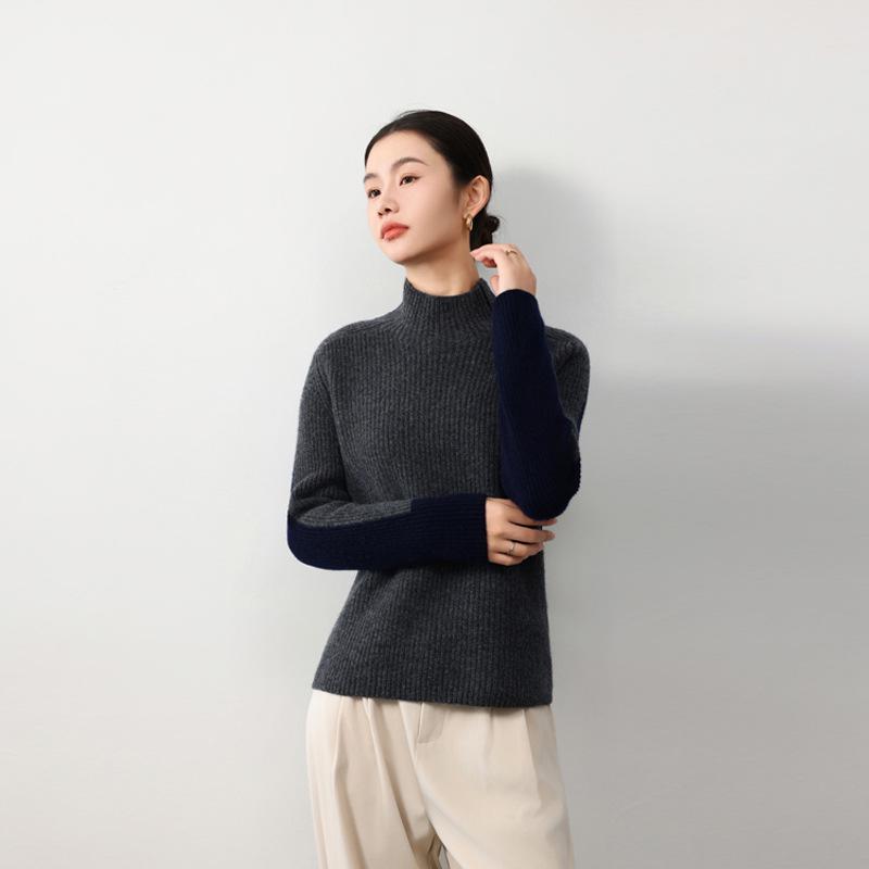 European & American Style Color Block Wool Pullover: Women's Slimming, Semi-High Neck, Autumn/Winter Fashion Knitted Sweater.