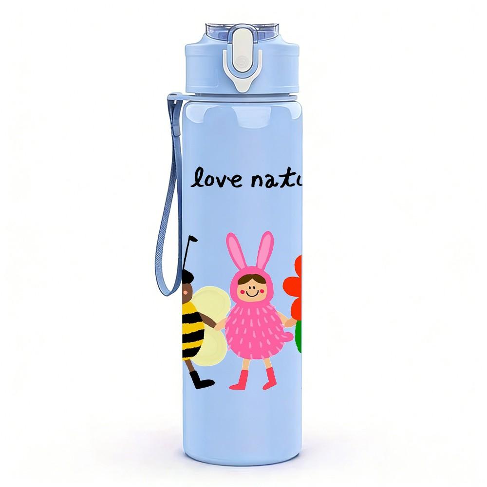 1PC Bee Bunny Flower Design 750ml Color Plastic Sports Water Bottle Leakproof Flip Straw Lid Suitable for Sports Office Home Use