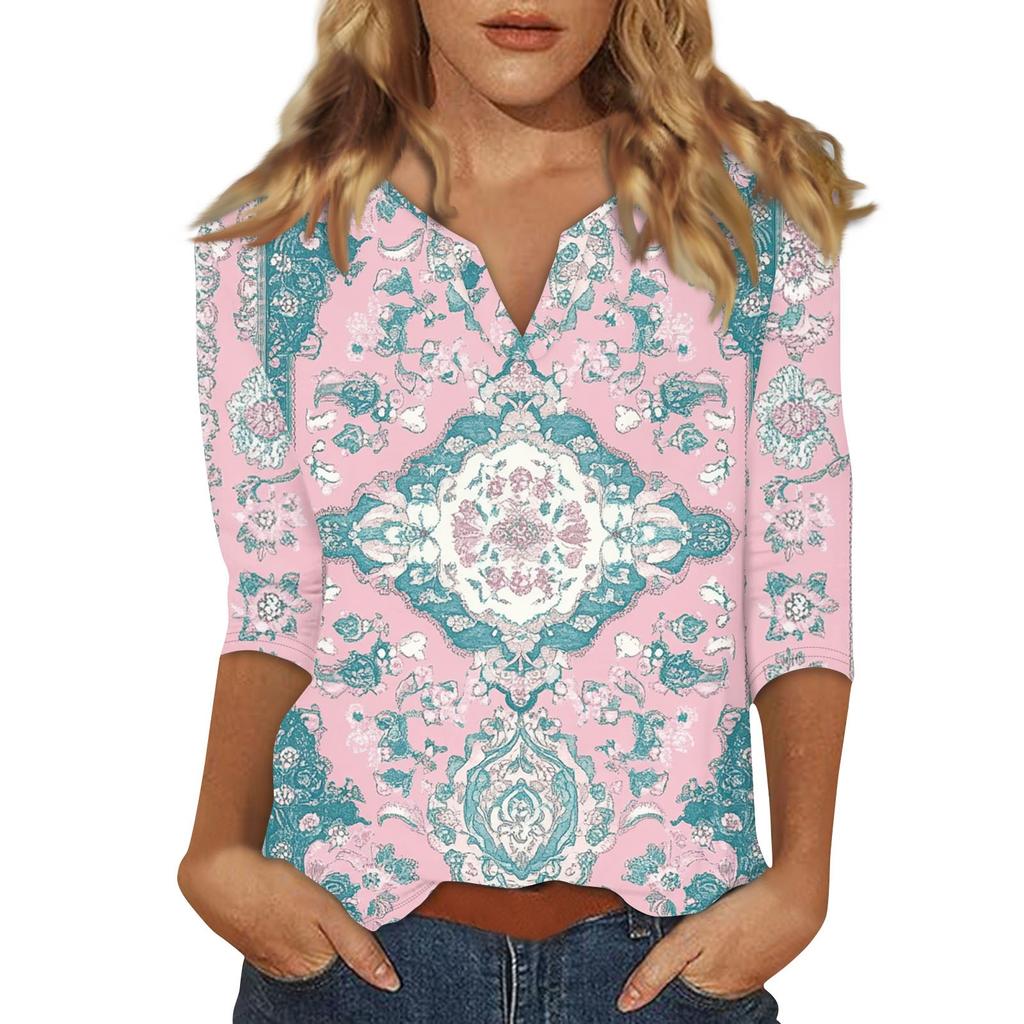 Women's Stand Collar 3/4 Sleeve Printed Top T-shirt